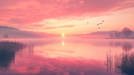 Pink Sunrise over Misty Lake