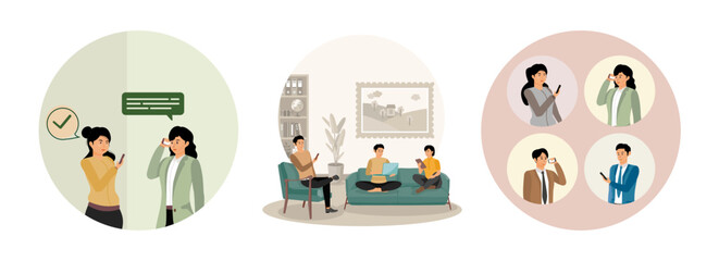 Looking at their smart phones and chatting. Couch looking at their technology. Online communication.