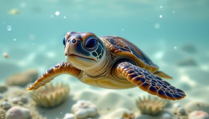 Fototapeta premium A cute baby sea turtle, smiling as it swims.