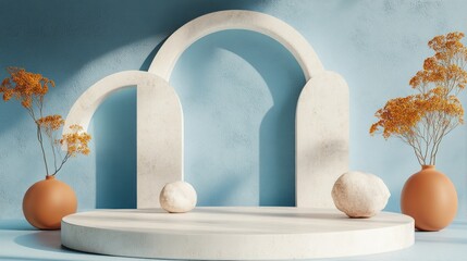 Fototapeta premium Light-filled, minimalist display podium with arches and dried flowers. A smooth, white, round platform sits on a light blue backdrop, with arches and stone-like elements. Two terracotta vases hold 