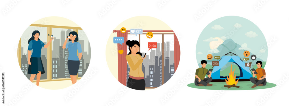 Poster using smart phones. social media notifications. communication via the internet.