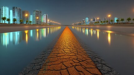 Fototapeta premium Modern city skyline reflected on wet asphalt road at night - colorful surface sky landscape