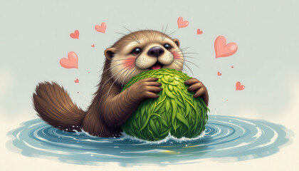 Obraz premium A playful sea otter with a ball of seaweed and hearts floating around it.