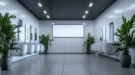 Modern public restroom with blank billboard