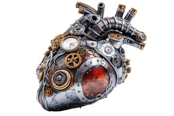 Detailed steampunk mechanical heart 3d render with intricate gears and clockwork design elements showing amazing craftsmanship and metallic textures with gold accents cog on transparent background