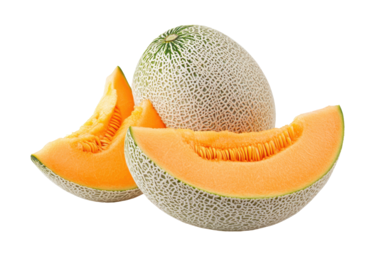 Close-up view of fresh cantaloupe slices, showcasing the vibrant orange flesh and speckled pale green rind.  The pieces are arranged attractively on a plain white background.