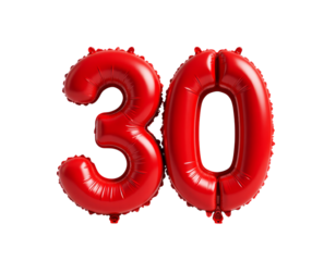 Red Number 30 Balloons, Birthday Anniversary Celebration, transparent background