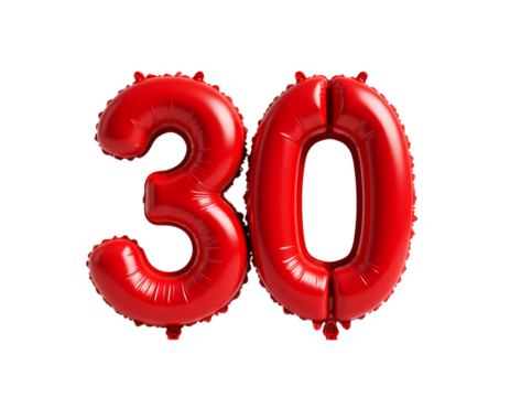 Red Number 30 Balloons, Birthday Anniversary Celebration, transparent background