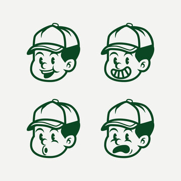 Set of expressive cartoon boy faces in vintage style, wearing a cap. Includes angry and sad emotions. Perfect for mascots, stickers, branding, icons, and emotional character design