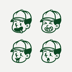 Set of expressive cartoon boy faces in vintage style, wearing a cap. Includes angry and sad emotions. Perfect for mascots, stickers, branding, icons, and emotional character design