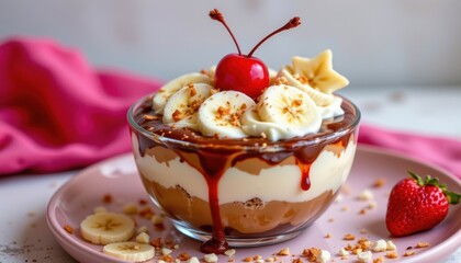 A simple banana split with a glossy cherry and soft, glowing stars.