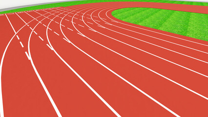 Sports field running track and red runway competition in sports games curve view, 3d rendering.
