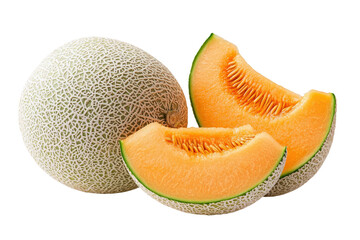 Two halves of a cantaloupe with the whole fruit beside them, showing the contrasting colors of the rind and flesh.