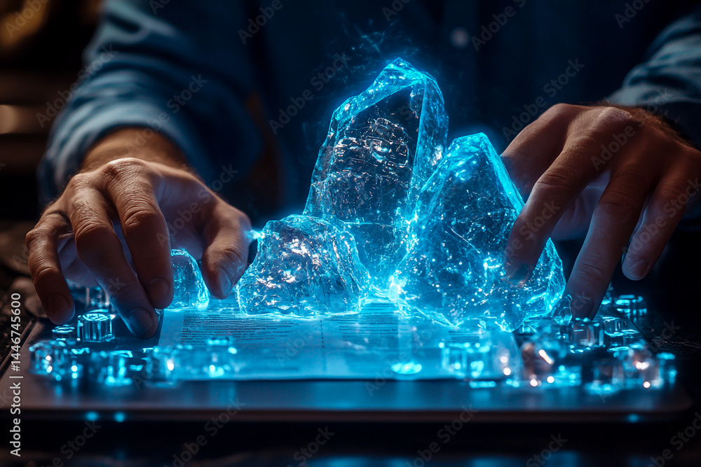 Poster a man is working on a laptop with a digital hologram of a document and icons. this appears to be a s