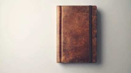 Brown leather notebook on white background.