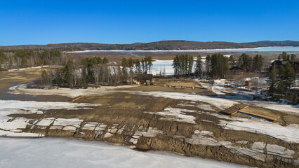 Aerial view of the Taureau reservoir in April, when it is still empty. Quebec, Canada.