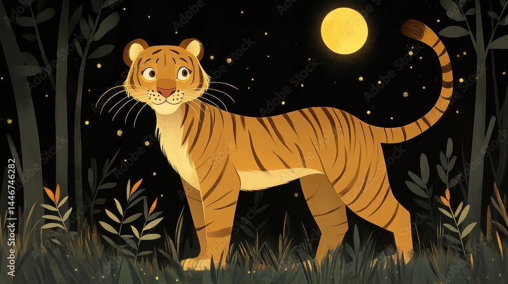 Poster pixelated tiger art under radiant moonlight in a dense jungle setting rendered in a retro 8-bit styl