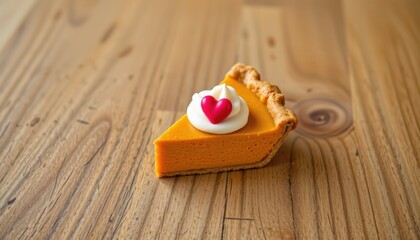 A cute slice of pumpkin pie with a small heart on top and a minimal design.
