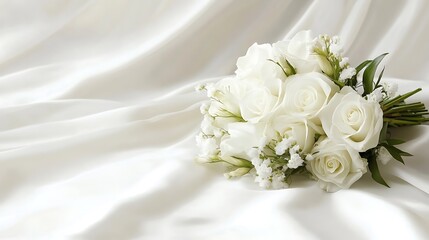 Obraz premium White roses bridal bouquet on silk