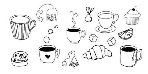 Tea or coffee beakfast, brunch lunch menu, dessert, cupcake, sweets line hand drawn textured elements, retro vintage sketch. Dolce vita breakfast doodle