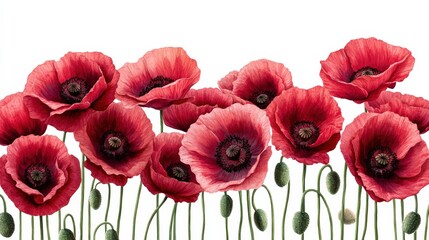 Obraz premium Vibrant red poppies blooming in a serene setting, showcasing nature's beauty against a white backdrop