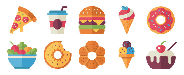 Flat Design Icons of Various Foods and Drinks