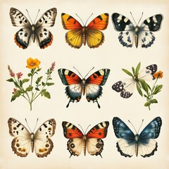 Colorful Collection of Vintage Butterflies and Wildflowers Illustration