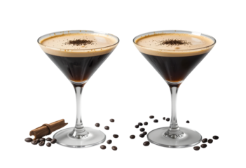 Espresso Martini cocktail with coffee bean garnish transparent PNG set bundle, isolated background. Mixology, bar menu cocktails in coupe saucer and martini glass, colorful refreshing drink