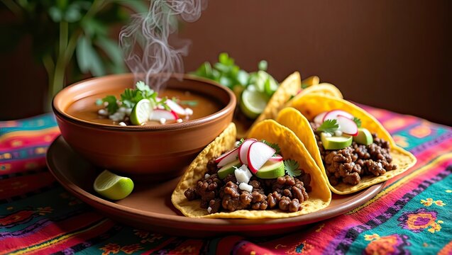 Traditional mexican birria consome soup and four taco with stewed beef image