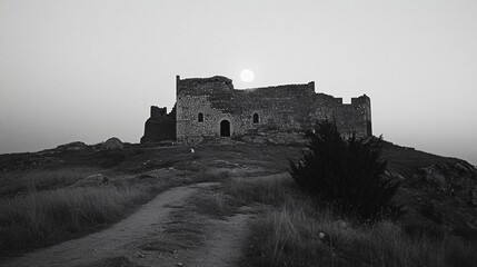 Obraz premium Gray stone ruin atop a hill at dawn.