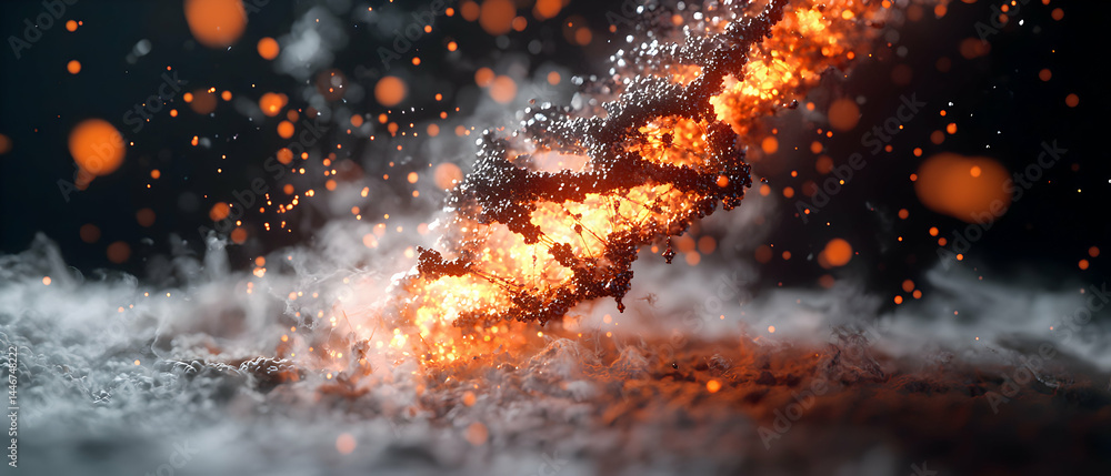Poster dynamic dna helix model glowing with vibrant light surrounded by ethereal smoke. suitable for scienc