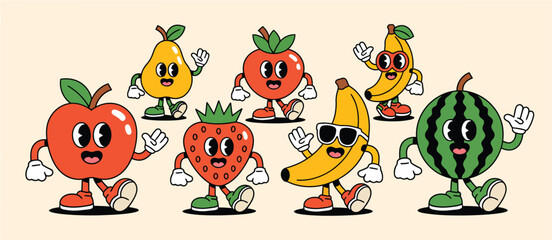 Retro Cartoon Fruit Characters Walking and Waving