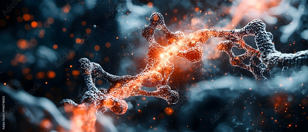 Poster abstract image of a dna strand glowing with fire like effects. suitable for science biology or futur