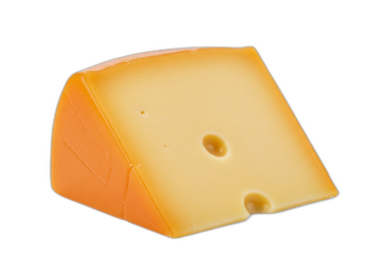 A slice of cheese with holes, golden yellow color, smooth texture, isolated on transparent background.