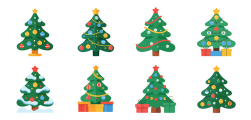 Eight Decorated Christmas Trees Flat Design Illustrations