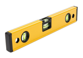 Yellow plastic level with green eyes isolated on transparent background.