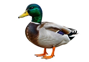 Obraz premium Isolated mallard duck with green head and yellow beak standing on its orange feet on white background