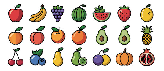 Colorful Flat Icon Set of Fresh Fruits and Berries