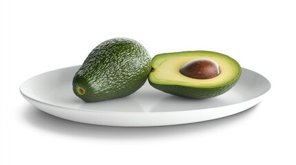Two avocados on a white plate