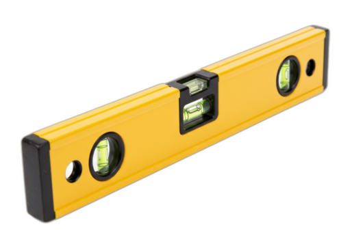 Yellow plastic level with green eyes isolated on transparent background.