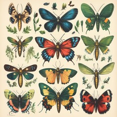 Colorful Depiction of Diverse Butterflies and Moths in Nature