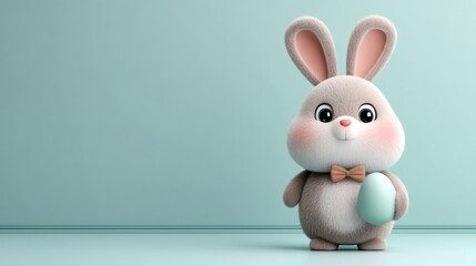 Cute cartoon bunny with a bow tie holding a pastel Easter egg against a light blue background.
