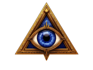 All-Seeing Eye Illustration in Golden Triangle with Blue Eye on Black Background