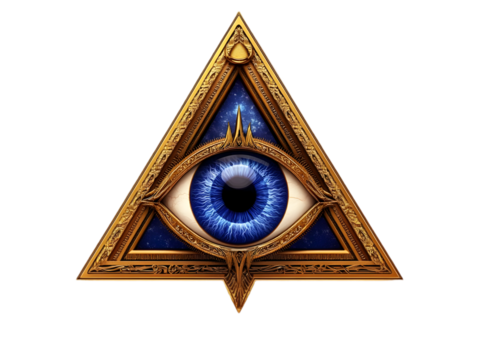 All-Seeing Eye Illustration in Golden Triangle with Blue Eye on Black Background