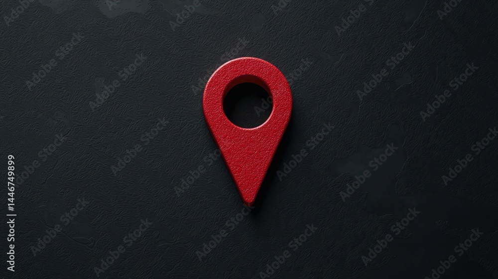 Poster a red location pin symbol on a dark textured background, representing navigation or map marker.