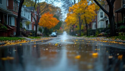 A rainy street lined with colorful autumn trees and fallen leaves.
