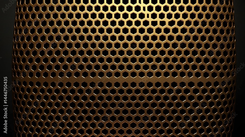 Poster close-up of a metallic honeycomb grid pattern with golden lighting and geometric symmetry.