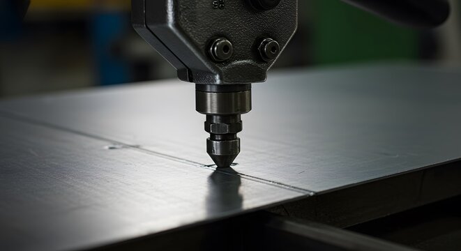 Industrial Metalworking Precision: Close-up of a Riveting Machine in Action Performing a Metal Sheet Joining Operation