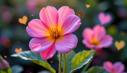 A playful primrose flower with soft glowing petals and hearts.