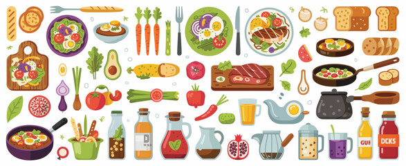 Colorful Flat Lay of Various Food Items and Drinks